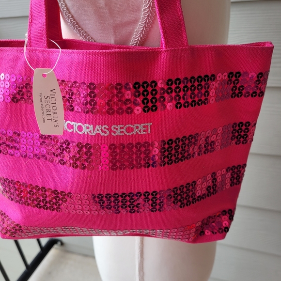 NWT Victoria's Secret Small Petite Sequin Pink Striped Canvas Shimmery Tote Bag - Picture 3 of 10